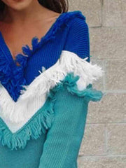 Color Block Fringed V-Neck Sweater - Trendsi