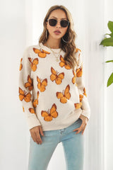 Butterfly Pattern Round Neck Dropped Shoulder Sweater - Trendsi