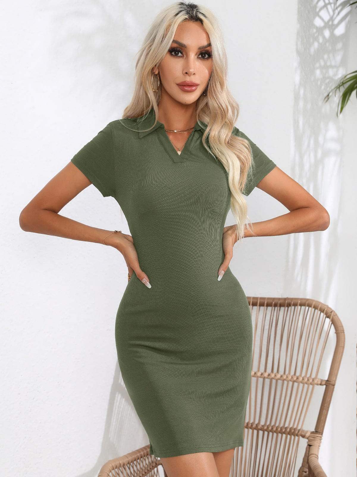 Johnny Collar Short Sleeve Bodycon Dress - Trendsi - Flyclothing LLC
