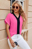 Contrast Johnny Collar Short Sleeve Blouse - Trendsi - Flyclothing LLC
