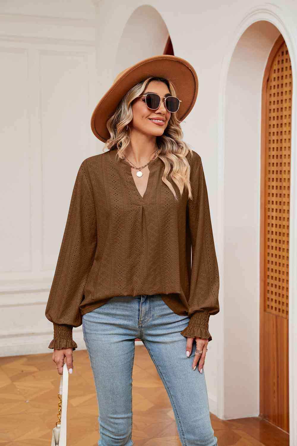 Notched Neck Flounce Sleeve Blouse - Trendsi - Flyclothing LLC