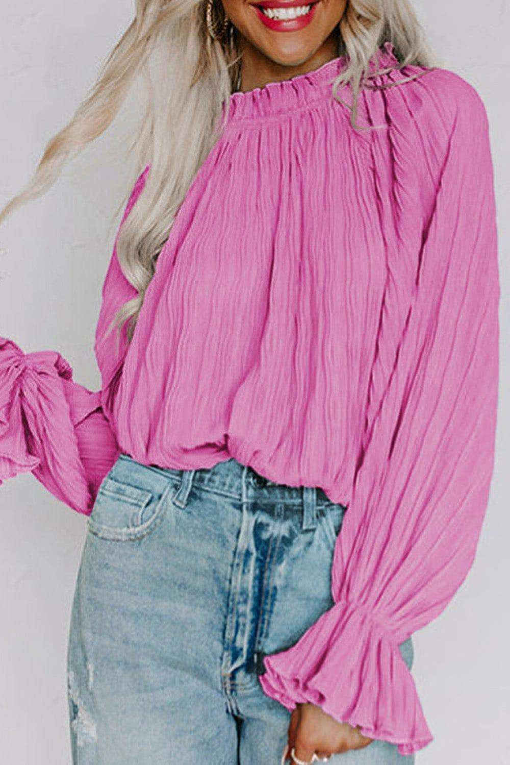 Round Neck Flounce Sleeve Blouse - Trendsi - Flyclothing LLC