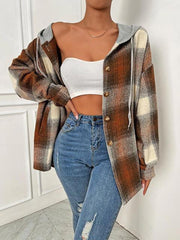 Plaid Drawstring Hooded Jacket - Trendsi