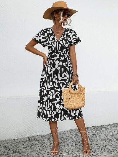 Printed V-Neck Short Sleeve Dress - Trendsi - Flyclothing LLC