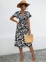 Printed V-Neck Short Sleeve Dress - Trendsi - Flyclothing LLC