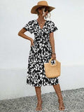 Printed V-Neck Short Sleeve Dress - Trendsi - Flyclothing LLC
