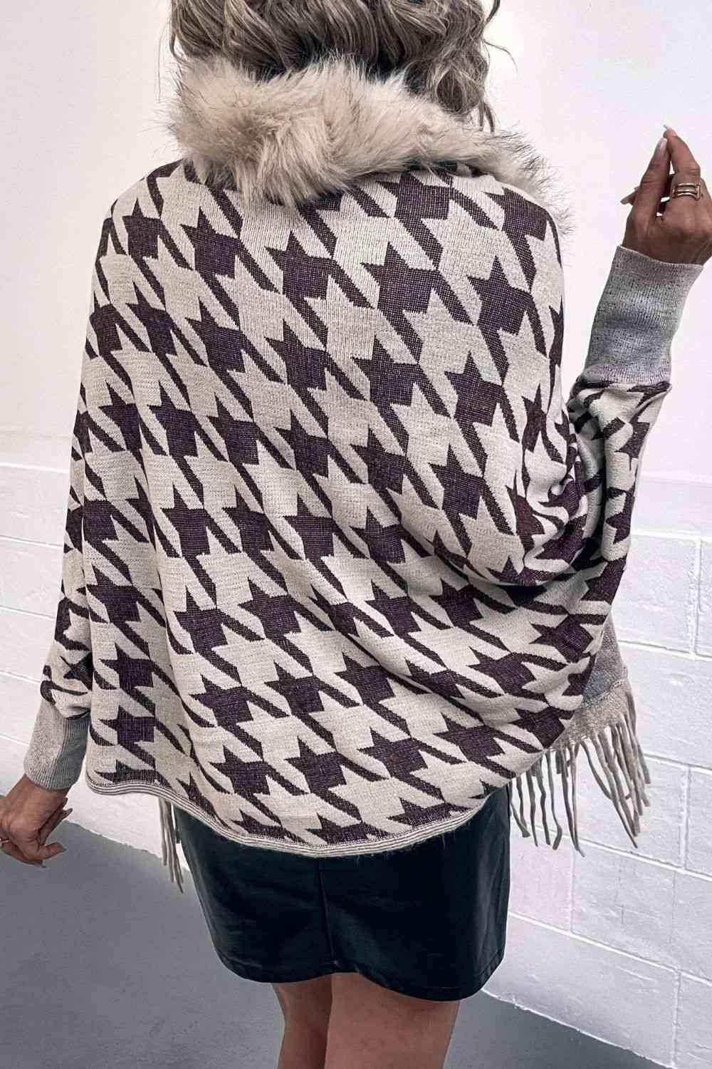 Houndstooth Fringe Hem Poncho - Trendsi - Flyclothing LLC