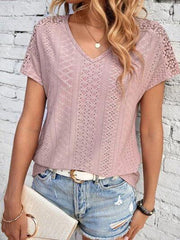 Eyelet V-Neck Short Sleeve T-Shirt - Trendsi