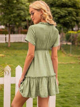 Frill V-Neck Short Sleeve Ruffle Hem Dress - Trendsi - Flyclothing LLC