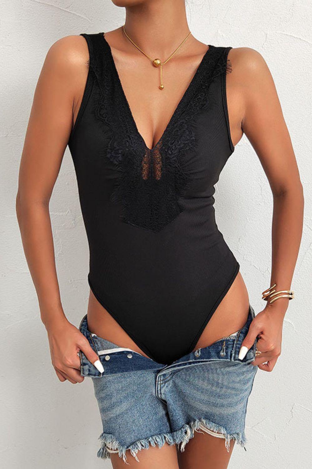 Spliced Lace Deep V Sleeveless Bodysuit - Trendsi