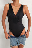 Spliced Lace Deep V Sleeveless Bodysuit - Trendsi
