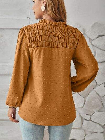 Ruched Swiss Dot Notched Balloon Sleeve T-Shirt - Trendsi - Flyclothing LLC