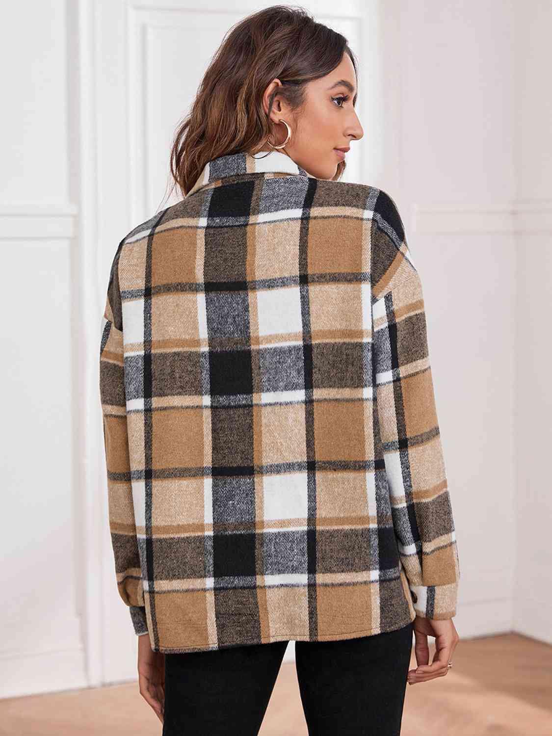 Plaid Collared Neck Button Down Jacket - Trendsi