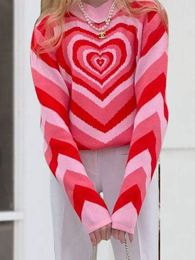 Heart Mock Neck Long Sleeve Sweater - Trendsi - Flyclothing LLC