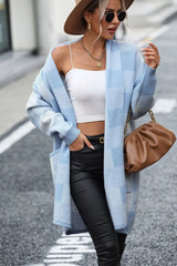 Plaid Dropped Shoulder Cardigan with Pocket - Trendsi - Flyclothing LLC