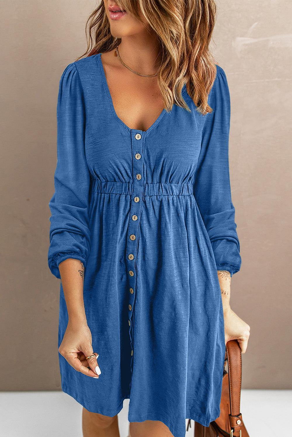 Scoop Neck Empire Waist Long Sleeve Mini Dress - Trendsi