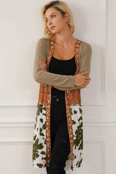 Printed Long Sleeve Open Front Outerwear - Trendsi - Flyclothing LLC