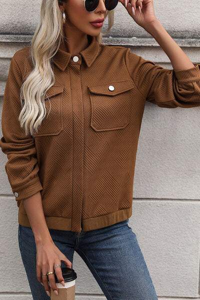 Textured Zip Up Collared Neck Jacket - Trendsi - Flyclothing LLC