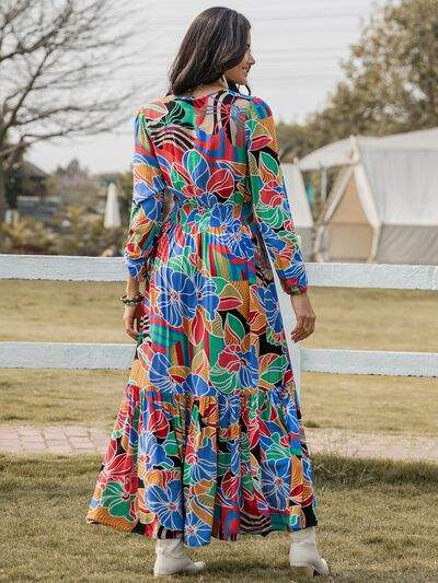 Printed Smocked Tie Neck Balloon Sleeve Maxi Dress - Trendsi - Flyclothing LLC
