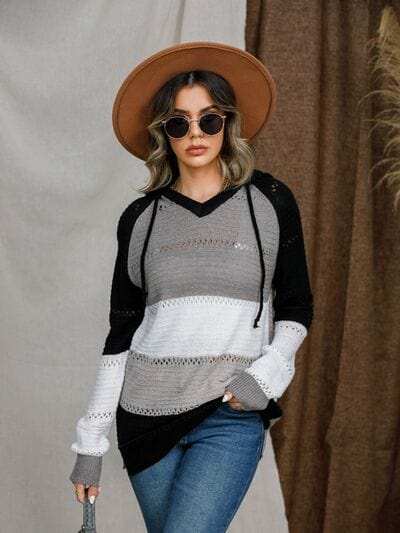Eyelet Color Block Hooded Sweater - Trendsi - Flyclothing LLC