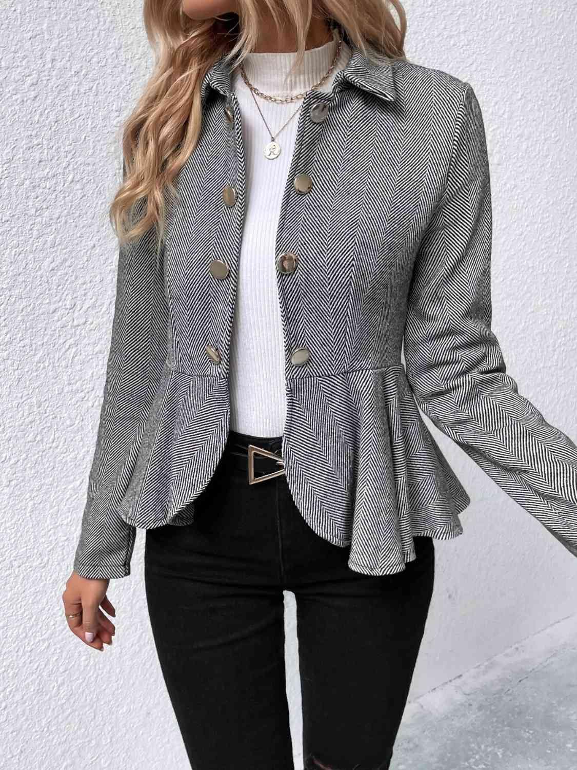Ruffle Hem Collared Blazer - Trendsi