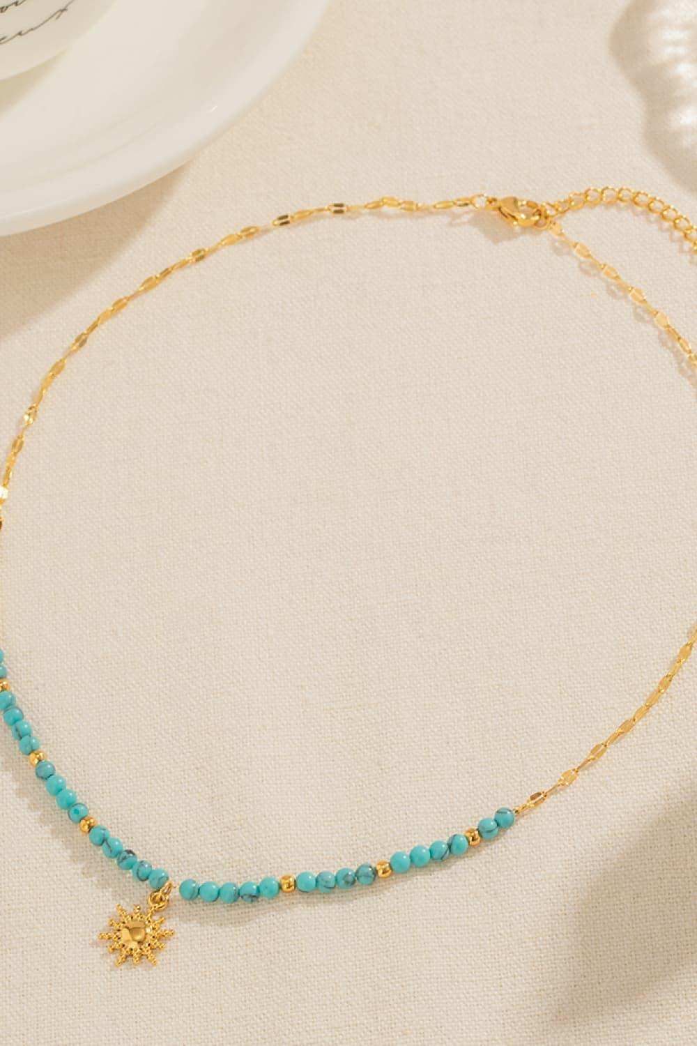 Turquoise Beaded 18K Gold-Plated Sun Shape Pendant Necklace - Trendsi - Flyclothing LLC