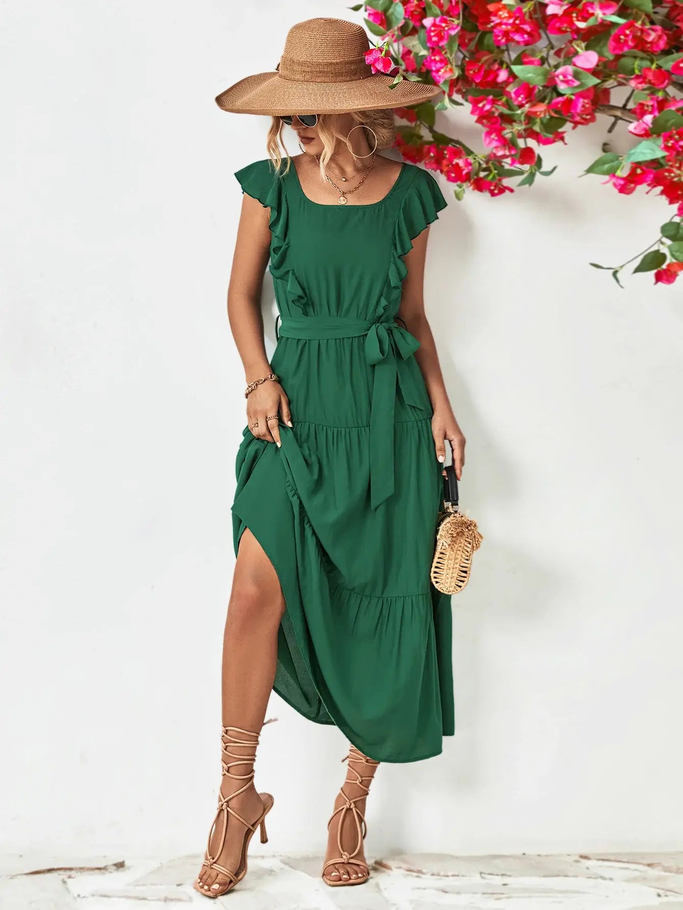 Tie Belt Ruffled Tiered Dress - Trendsi - Flyclothing LLC