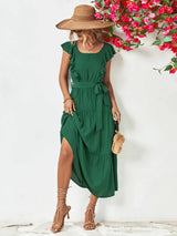 Tie Belt Ruffled Tiered Dress - Trendsi - Flyclothing LLC