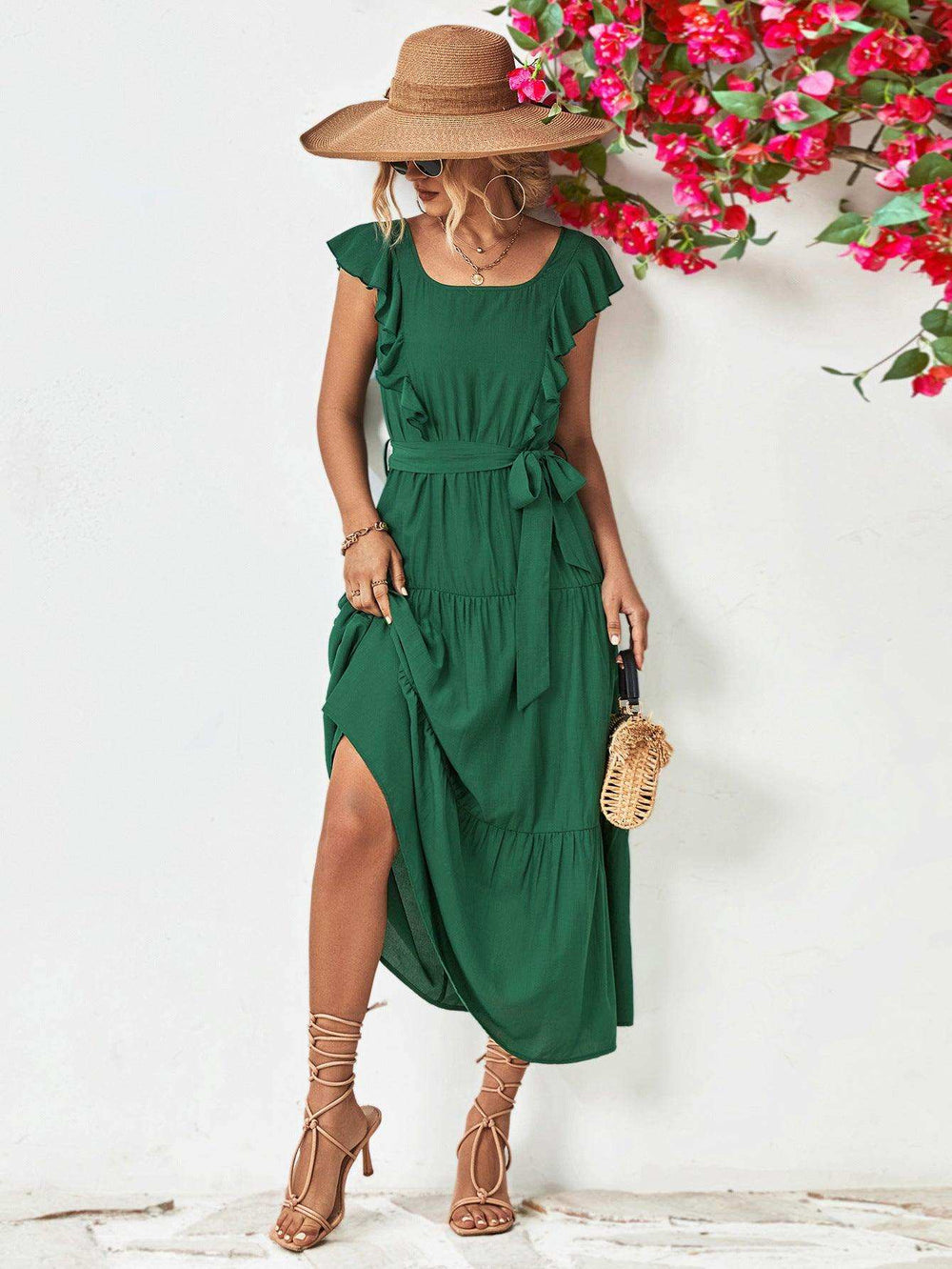 Tie Belt Ruffled Tiered Dress - Trendsi - Flyclothing LLC