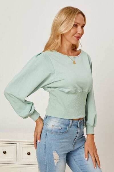 Boat Neck Lantern Sleeve Blouse - Trendsi - Flyclothing LLC