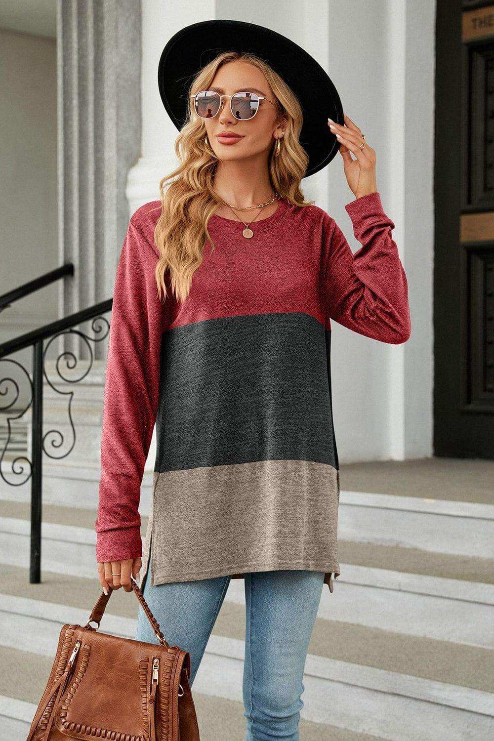 Color Block Round Neck Long Sleeve Slit T-Shirt - Trendsi - Flyclothing LLC