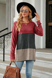 Color Block Round Neck Long Sleeve Slit T-Shirt - Trendsi - Flyclothing LLC