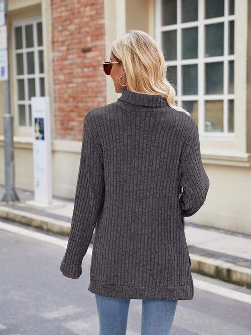 Ribbed Turtleneck Long Sleeve Slit Knit Top - Trendsi - Flyclothing LLC