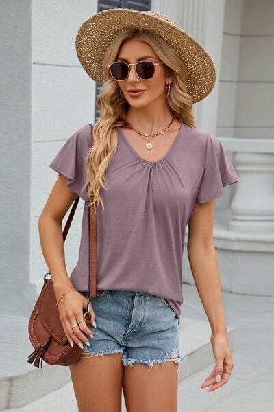 V-Neck Flutter Sleeve T-Shirt - Trendsi - Flyclothing LLC