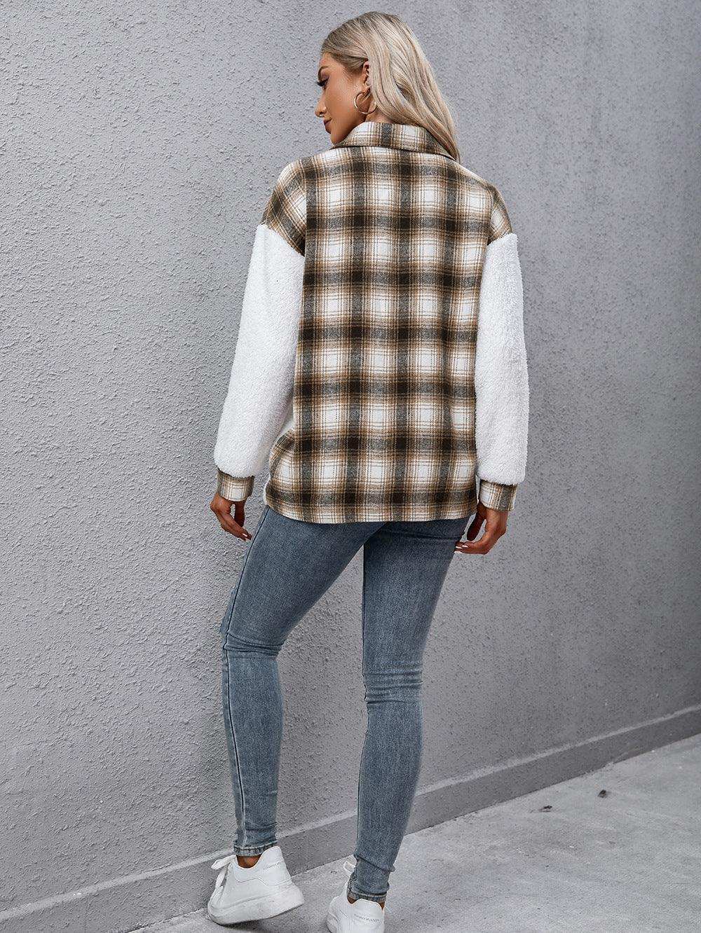 Plaid Collared Neck Button Down Jacket - Trendsi - Flyclothing LLC