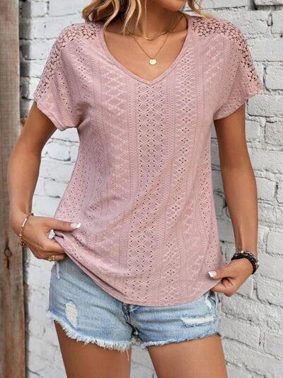 Eyelet V-Neck Short Sleeve T-Shirt - Trendsi