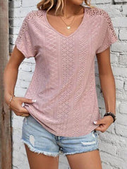 Eyelet V-Neck Short Sleeve T-Shirt - Trendsi