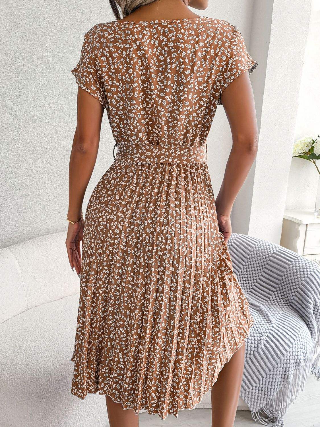 Ditsy Floral Pleated Belted Dress - Trendsi - Flyclothing LLC