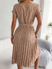 Ditsy Floral Pleated Belted Dress - Trendsi