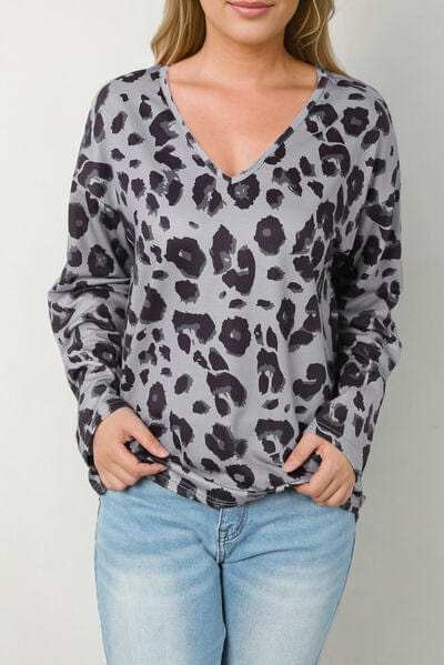 Leopard V-Neck Dropped Shoulder Blouse - Trendsi - Flyclothing LLC