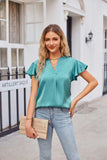 Notched Neck Flutter Sleeve Satin Top - Trendsi - Flyclothing LLC