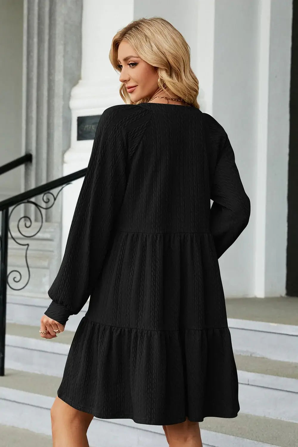 Notched Neck Long Sleeve Mini Dress - Trendsi - Flyclothing LLC