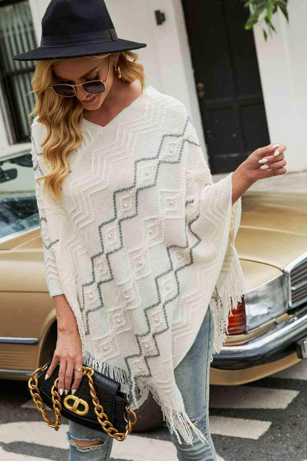 Pearl Trim V-Neck Fringe Hem Poncho - Trendsi - Flyclothing LLC