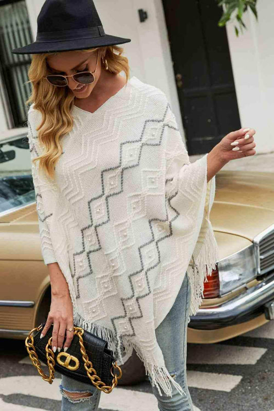 Pearl Trim V-Neck Fringe Hem Poncho - Trendsi - Flyclothing LLC
