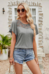 Spliced Lace Flutter Sleeve Top - Trendsi - Flyclothing LLC