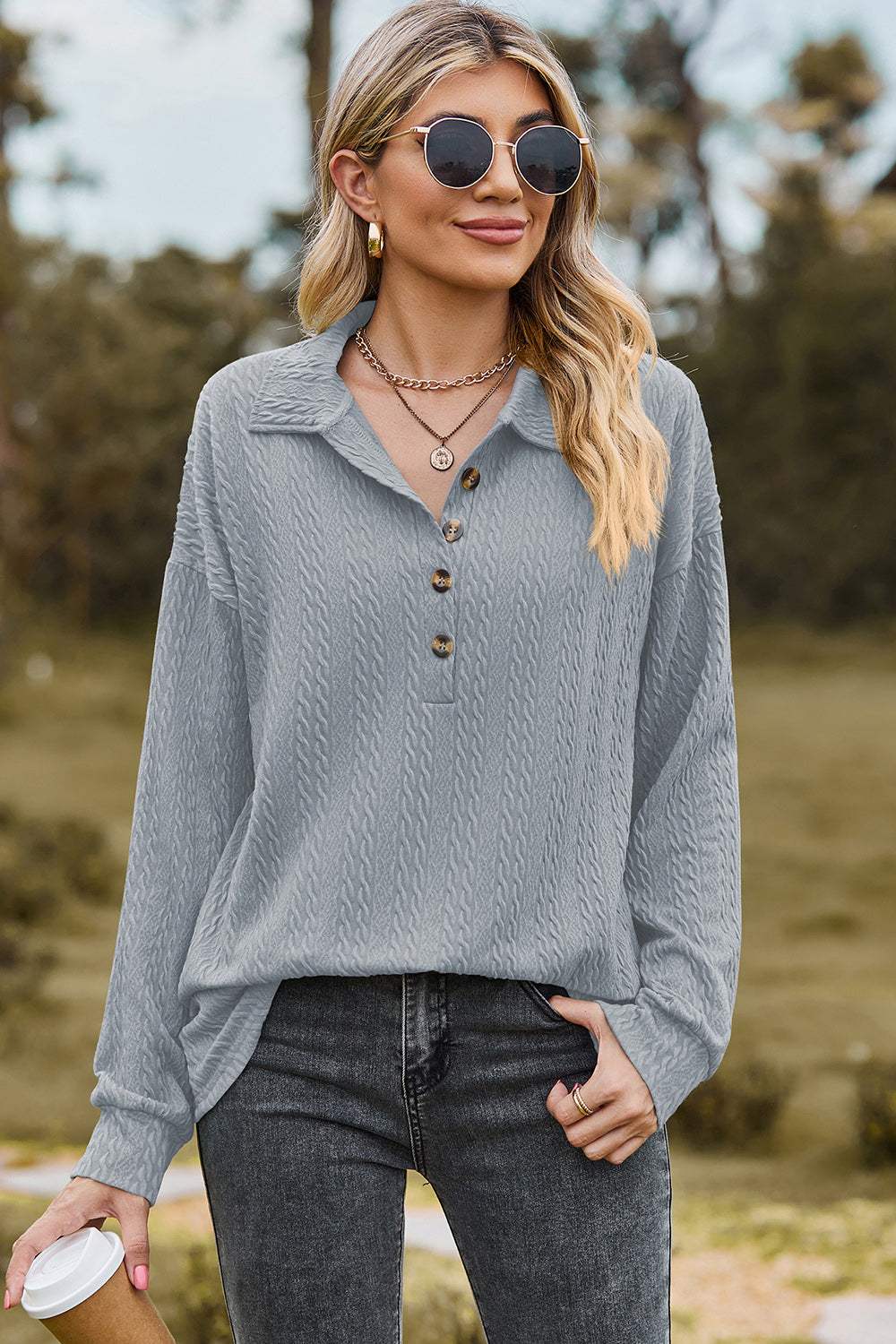 Half Button Dropped Shoulder Blouse - Trendsi - Flyclothing LLC