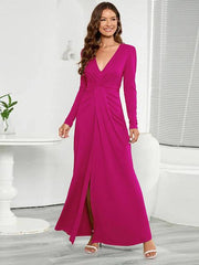 V-Neck Long Sleeve Split Dress - Flyclothing LLC