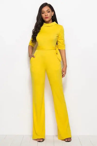 Mock Neck Tie-Waist Half Sleeve Jumpsuit - Trendsi - Flyclothing LLC