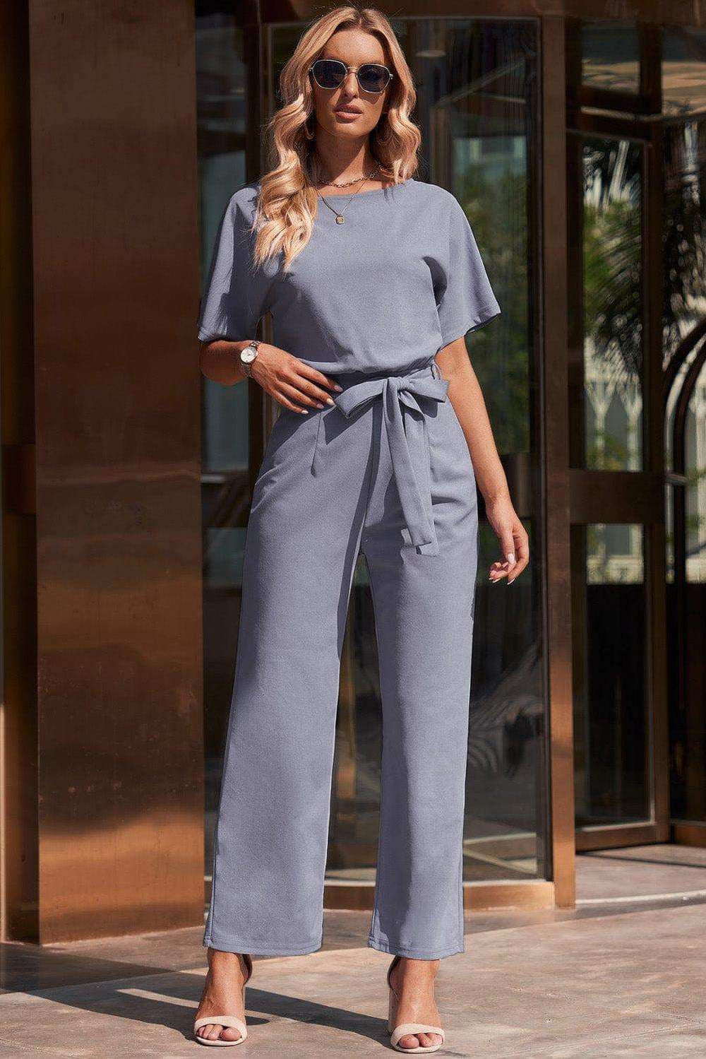 Full Size Tie Waist Straight Leg Jumpsuit - Trendsi - Flyclothing LLC