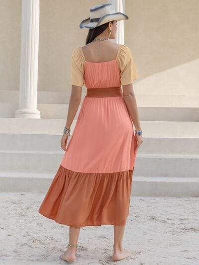 Color Block Tie Front Smocked Midi Dress - Trendsi - Flyclothing LLC